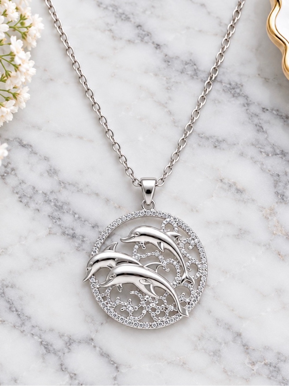Silver Tone Dolphin Circle Pendant Necklace